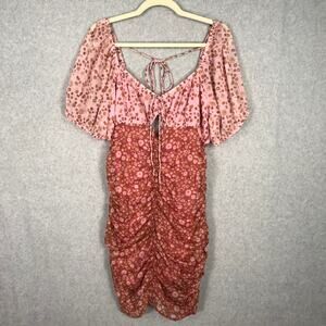 Free People Dress Womens Medium Pink Floral Tessa Ruched Puff Western Boho Rodeo